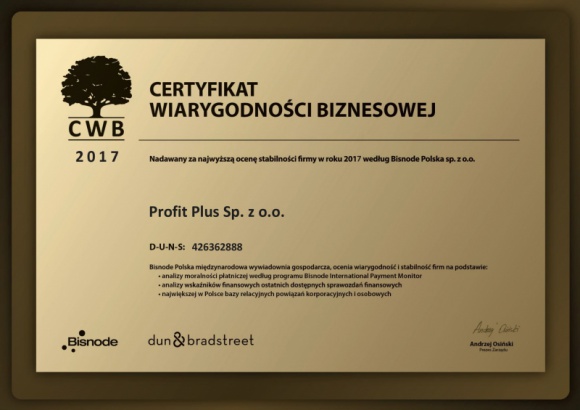 Certyfikat Wiarygodności Biznesowej dla Profit Plus Kariera, LIFESTYLE - Z wielką radością pragniemy poinformować, że spółka Profit Plus otrzymała Certyfikat Wiarygodności Biznesowej przyznawany przez Dun & Bradstreet Poland.